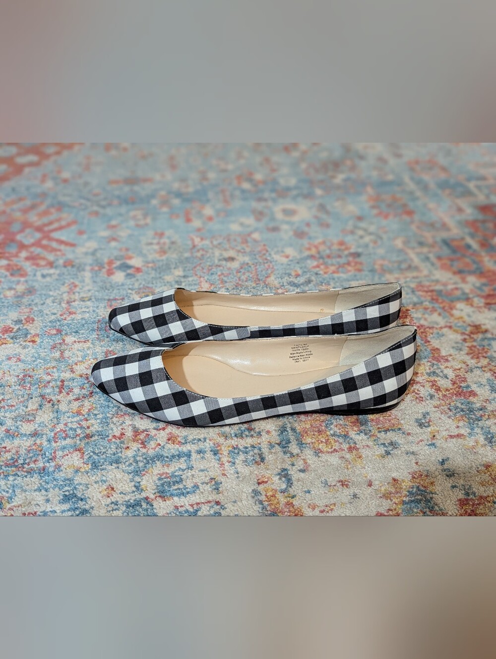 Nine West Wmns 10.5 M Gingham Check Black White Slip On Pointed Toe Ballet Flats